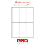 A4 Sheet Labels, 12 Labels per Sheet (63.5mm x 72mm). Matt White Paper. Permanent adhesive.