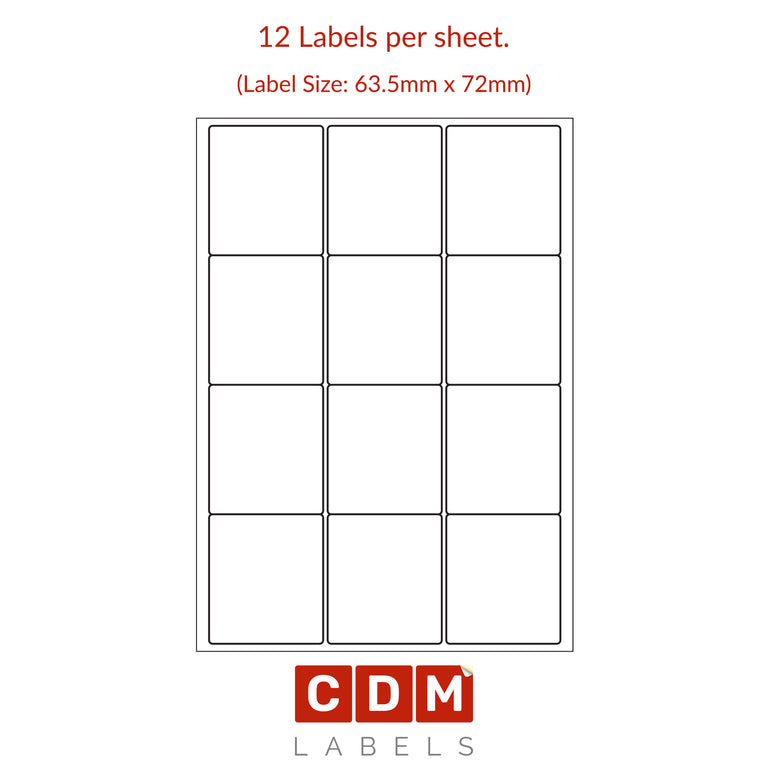 A4 Sheet Labels, 12 Labels per Sheet (63.5mm x 72mm). Matt White Paper. Permanent adhesive.