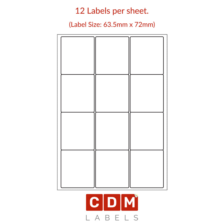 12 Labels A4 Sheet Labels, 12 Labels per Sheet (63.5mm x 72mm). Matt White Paper ...