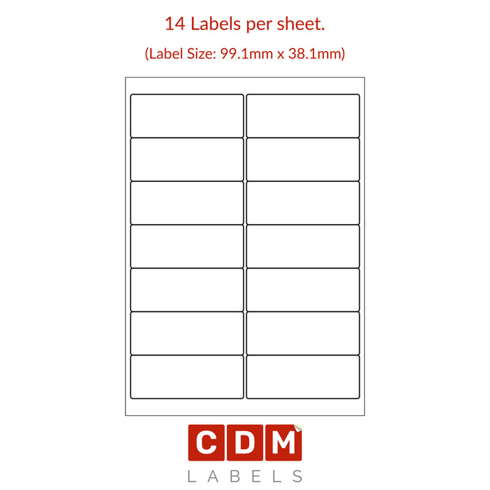 A4 Sheet Labels, 14 Labels per Sheet (99.1mm x 38.1mm). Matt White Paper. Permanent adhesive.