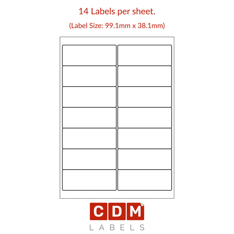 A4 Sheet Labels, 14 Labels per Sheet (99.1mm x 38.1mm). Matt White Paper. Permanent adhesive.
