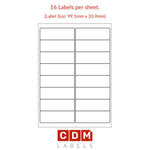 A4 Sheet Labels, 16 Labels per Sheet (99.1mm x 33.9mm). Matt White Paper. Permanent adhesive.