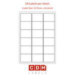 A4 Sheet Labels, 18 Labels per Sheet (63.5mm x 46.6mm). Matt White Paper. Permanent adhesive.