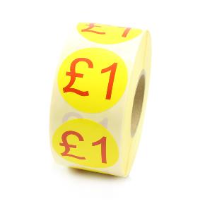 £1 Labels - Red Text on Yellow Labels. Ideal for retail. 40mm diameter.