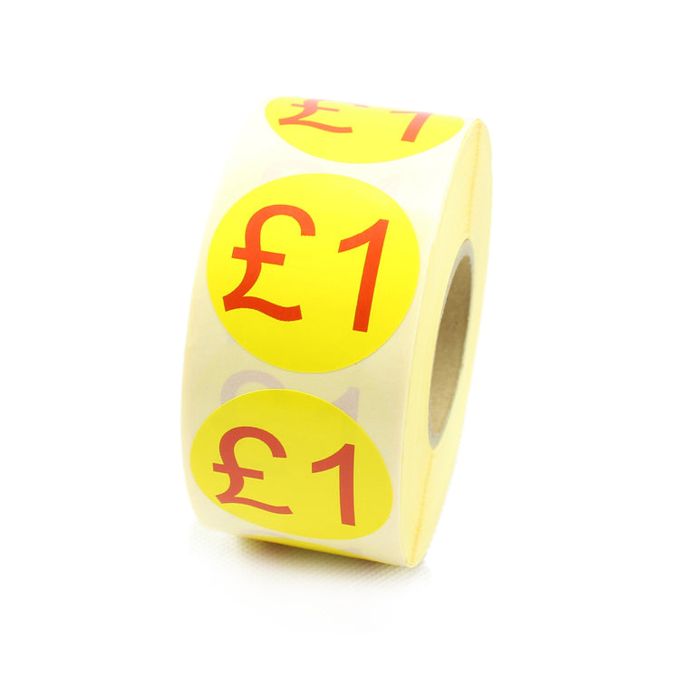 £1 Labels - Red Text on Yellow Labels. Ideal for retail. 32mm diameter.