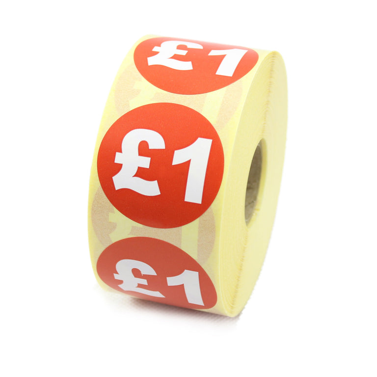 £1 Price Labels / Stickers - 40mm diameter - Red & White. 1,000 labels per roll.