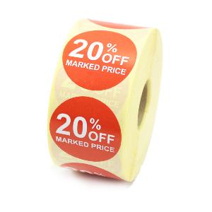 20% Off Promotional Labels - 40mm diameter - Red & White. 1,000 labels per roll.