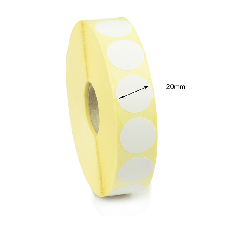20mm Diameter White Direct Thermal Labels with Permanent Adhesive. 1,000 Labels Per Roll.