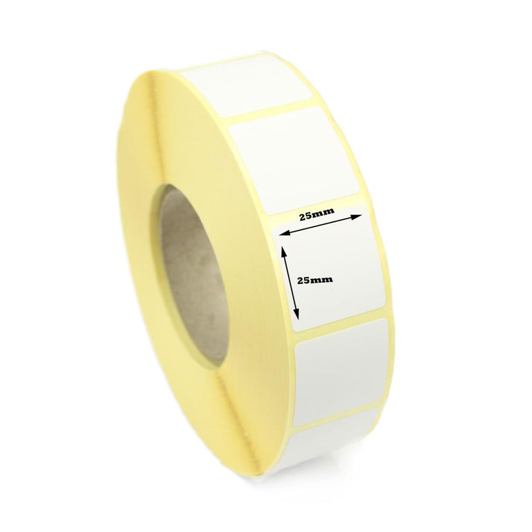 25 x 25mm Direct Thermal Labels with Permanent Adhesive - 2 Roll of 10,000 - 20,000 labels - 76mm Core