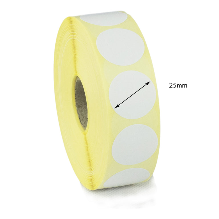 25mm Diameter Circle labels, Direct Thermal, Permanent adhesive. 8 Rolls of 2,000 labels - 16,000 Labels