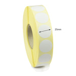 25mm Diameter Circle labels, Direct Thermal, Permanent adhesive. 8 Rolls of 2,000 labels - 16,000 Labels