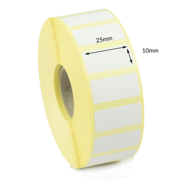 25 x 10mm Direct Thermal Labels with Permanent Adhesive. 1 Roll of  5,000 Labels.