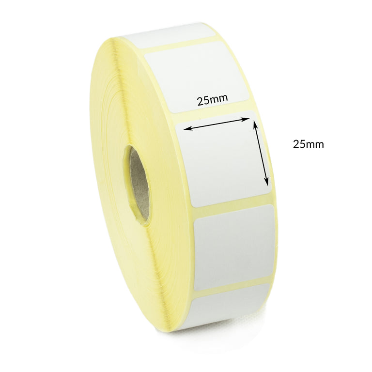 25 x 25mm Direct Thermal Labels with Permanent Adhesive. 1 Roll of 2,500 labels.