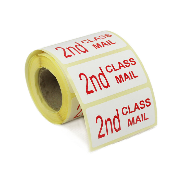 2nd Class Mail Labels - 50 x 25mm. White Labels, Red Text. Permanent adhesive.