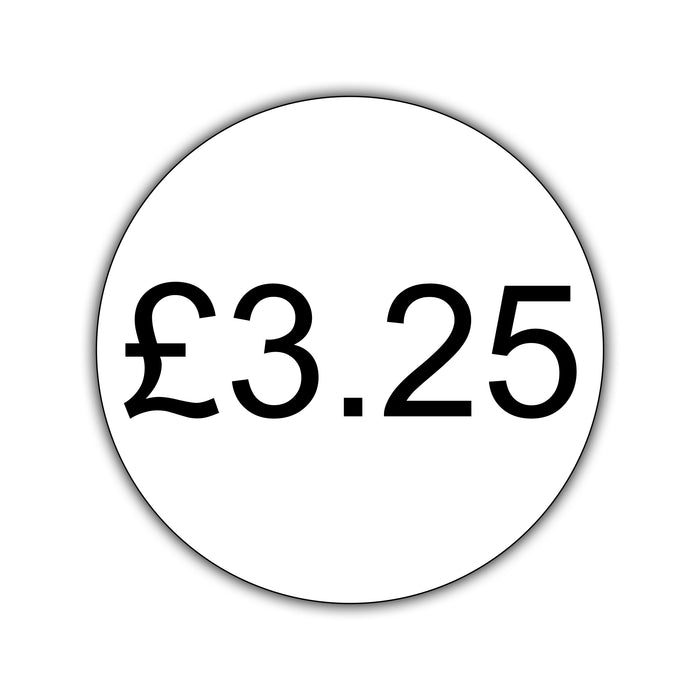 500 x 25mm Diameter, Printed Price Labels. Black Print / White Labels. Permanent adhesive.