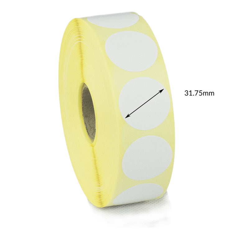 31.7mm Diameter Circle labels, Direct Thermal, Permanent adhesive. 1 Roll of 2,000 labels.