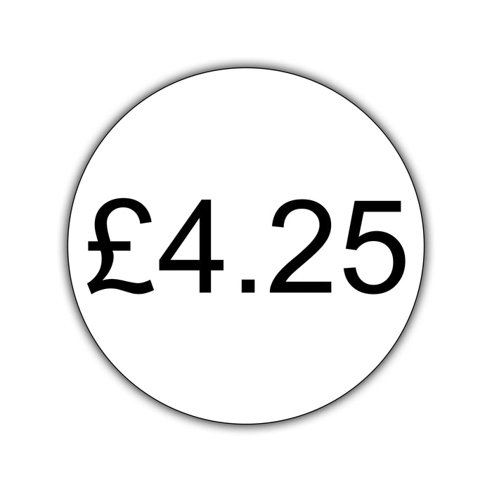500 x 25mm Diameter, Printed Price Labels. Black Print / White Labels. Permanent adhesive.