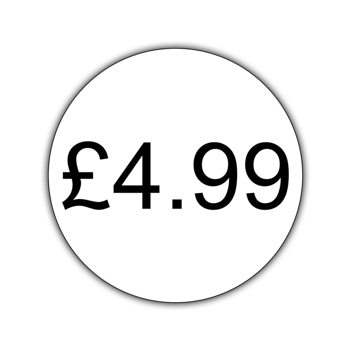 500 x 25mm Diameter, Printed Price Labels. Black Print / White Labels. Permanent adhesive.