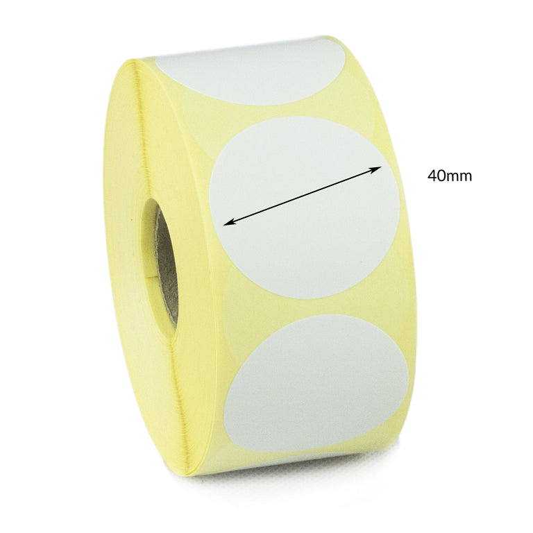 40mm Diameter Direct Thermal Labels, Permanent adhesive. 5 Rolls of 1,000 labels - 5,000 labels.