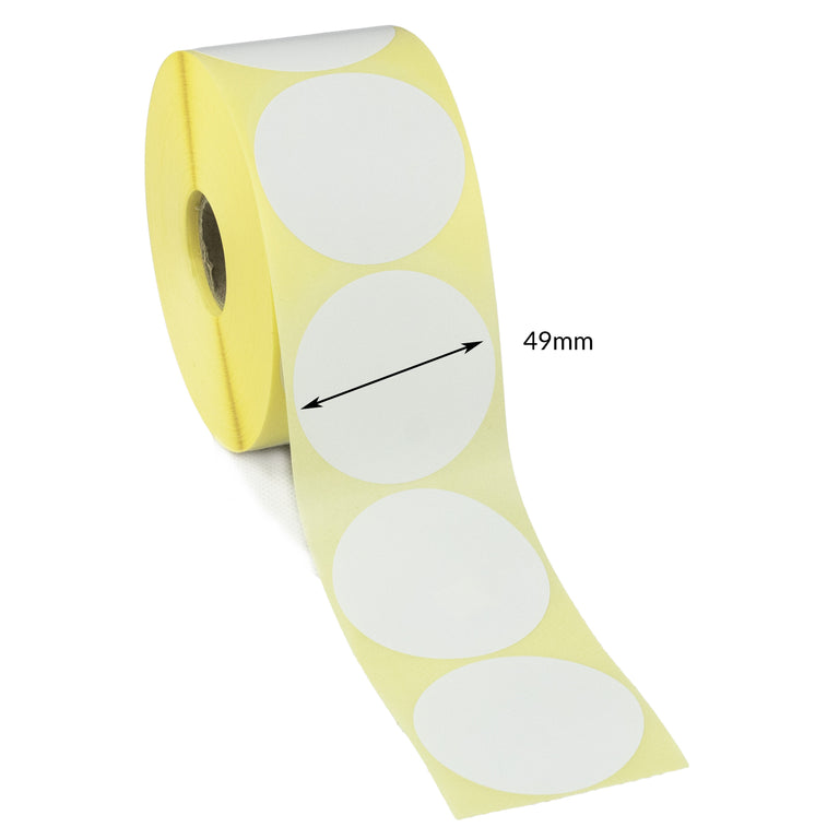 49mm Diameter Cirlces Direct Thermal Labels, Permanent adhesive. 100 Rolls of 1,000 labels - 100,000 labels.