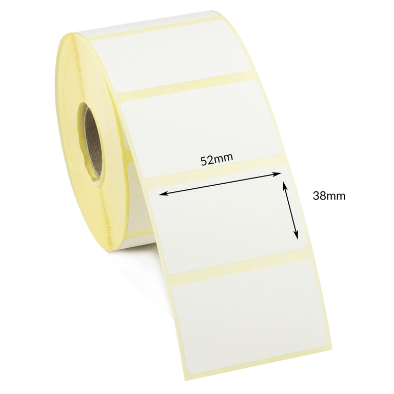 52mm x 38mm Direct Thermal Labels, Permanent adhesive. 1 Roll of 1,000 labels.