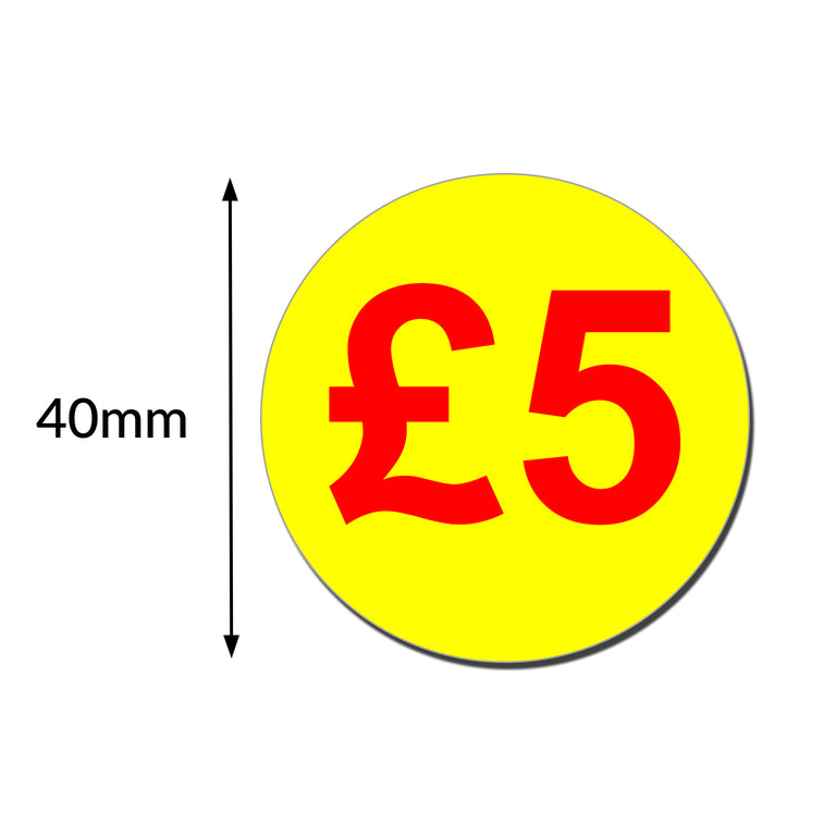 £5 Promotional Labels - Printed Red on Yellow - 40mm dia. Bright & Bold design.