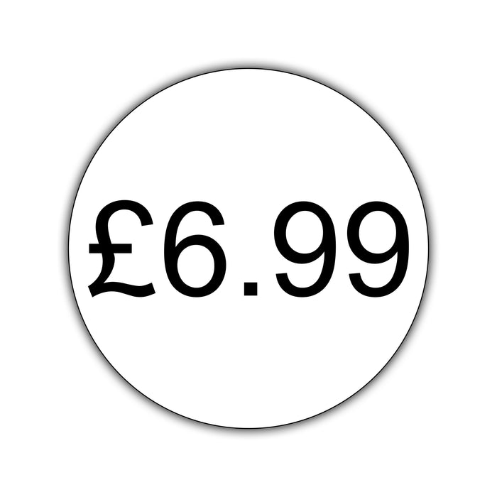 500 x 25mm Diameter, Printed Price Labels. Black Print / White Labels. Permanent adhesive.