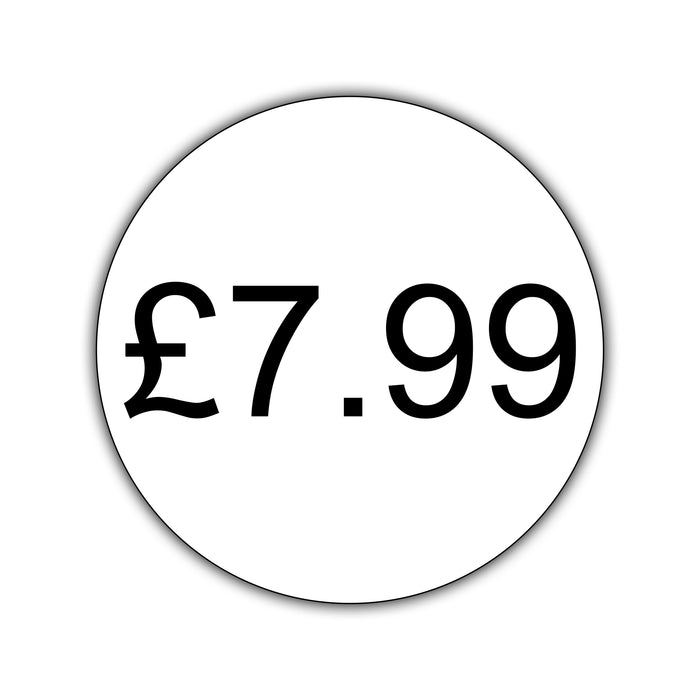 500 x 25mm Diameter, Printed Price Labels. Black Print / White Labels. Permanent adhesive.