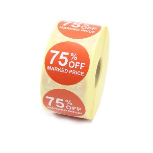 75% Off Promotional Labels - 40mm diameter - Red & White. 1,000 labels per roll.