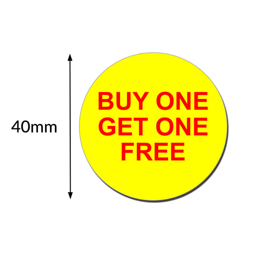 Buy One Get One Free Labels - Printed Red Text on Yellow labels. 40mm Diameter.