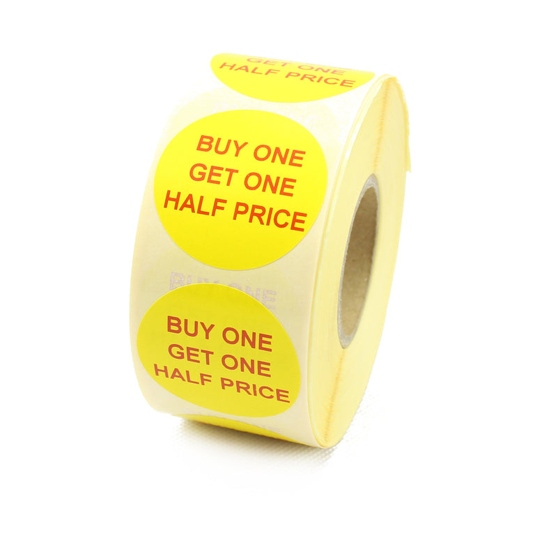 Buy One Get One Half Price Labels - Printed Red Text on Yellow labels. 40mm Diameter.