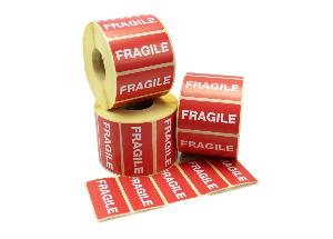 Fragile Label, Red and White, Permanent adhesive. - 50 x 25mm