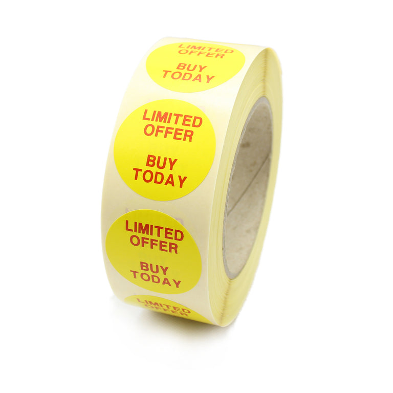 Limited Offer - Buy Today Labels - Printed Red Text on Yellow labels. 40mm Diameter.