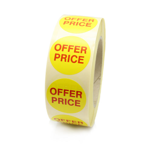 Offer Price Labels - Red Text on Yellow Labels. Ideal for retail. 40mm diameter.