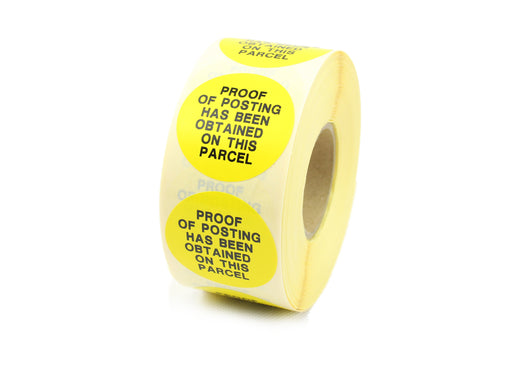 Proof Of Posting Labels. Yellow labels, Black Print. 32mm Diameter