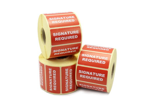 Signature Required Labels, 50mm x 25mm, Printed Red and White, Permanent adhesive.
