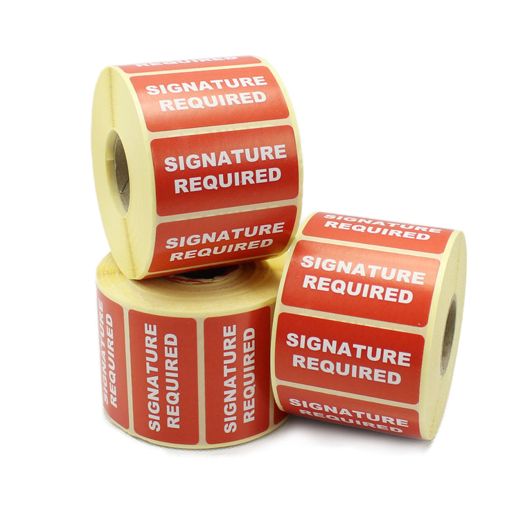 Signature Required Labels, 50mm x 25mm, Printed Red and White, Permanent adhesive.