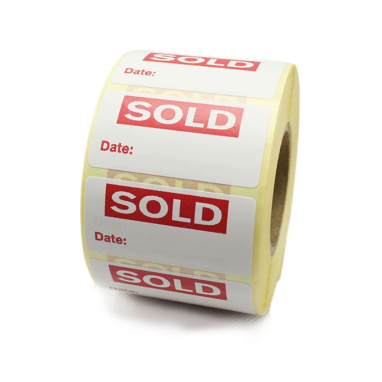 Sold Date Labels - Printed retail labels. Red and White. 50 x 25mm