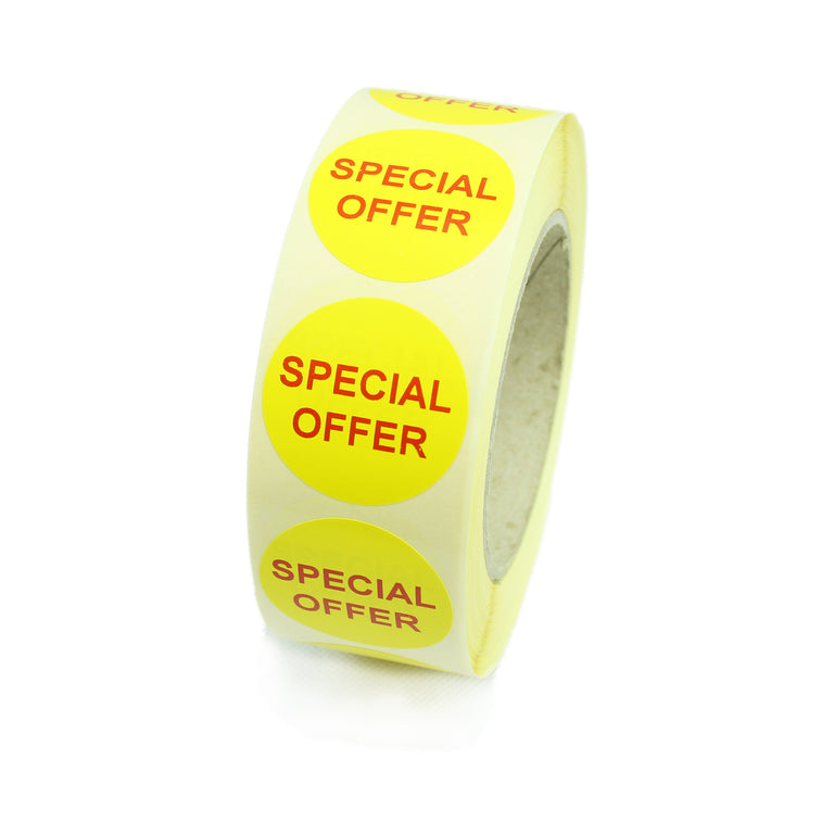 Special Offer Labels - Red Text on Yellow Labels. Ideal for retail. 40mm diameter.