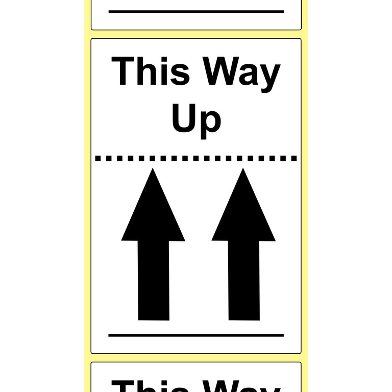 This Way Up Labels - 100 x 150mm - Permanent adhesive. 250 Labels per roll.